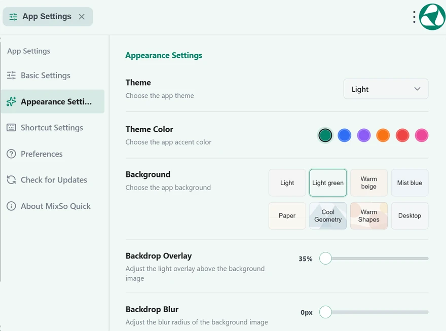 MixSo Quick appearance settings: Teal accents · Light green background