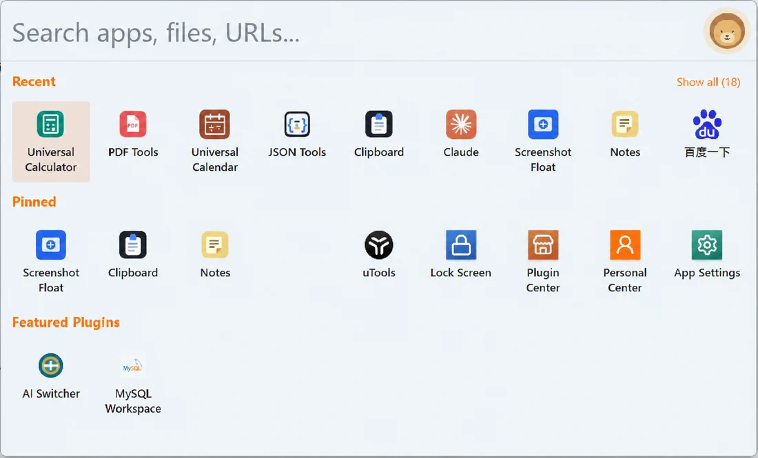 Quick launcher with search and pinned tools