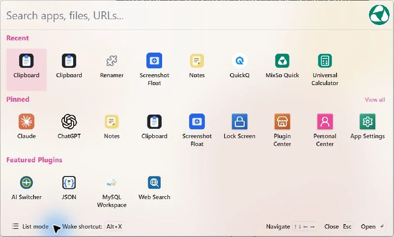MixSo Quick main window with recent tools and pinned plugins