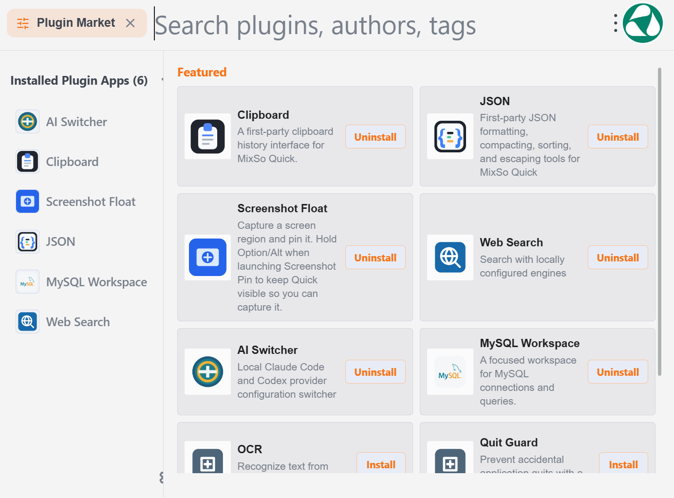 Installed plugins and uninstall controls in MixSo Quick Plugin Center